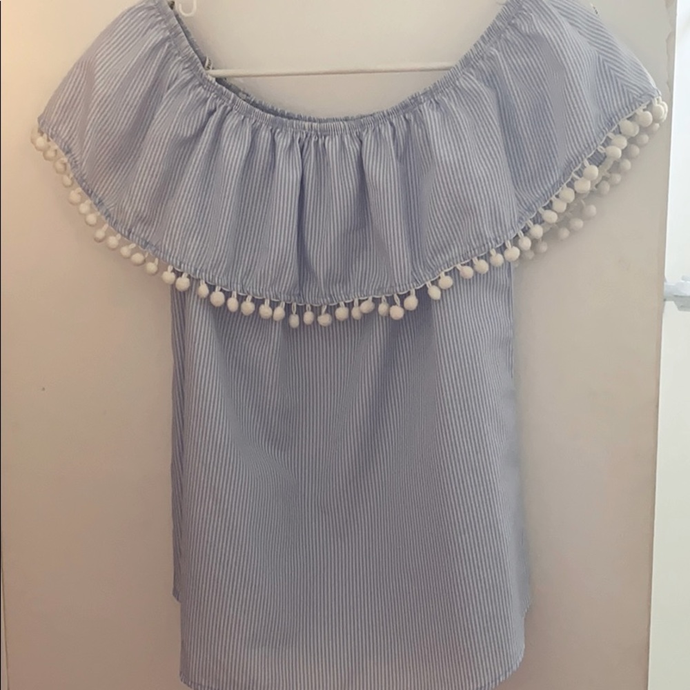 Off the shoulder blue striped shirt!